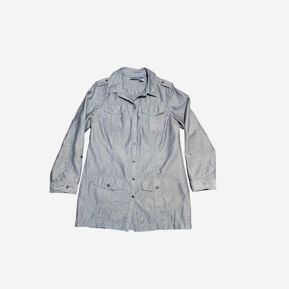 Chico's 2 slate blue Utility Lightweight Linen Blend Tunic Top Military Roll Tab